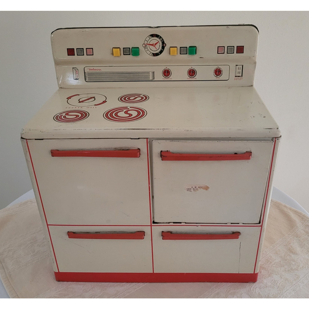 WOLVERINE Metal Kitchen Stove/Oven Tin White w/Red-Litho toy-Vintage 1950s